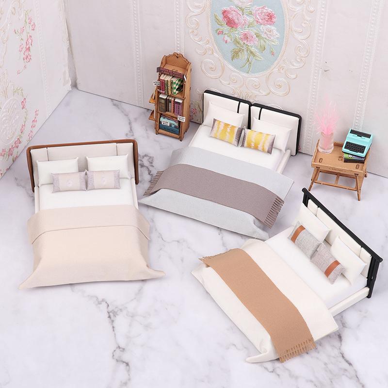 Dollhouse New Chinese Double Bed Model Micro Scene Model Miniature Furniture Dolls Accessory Simulated Mini Furniture Ornament