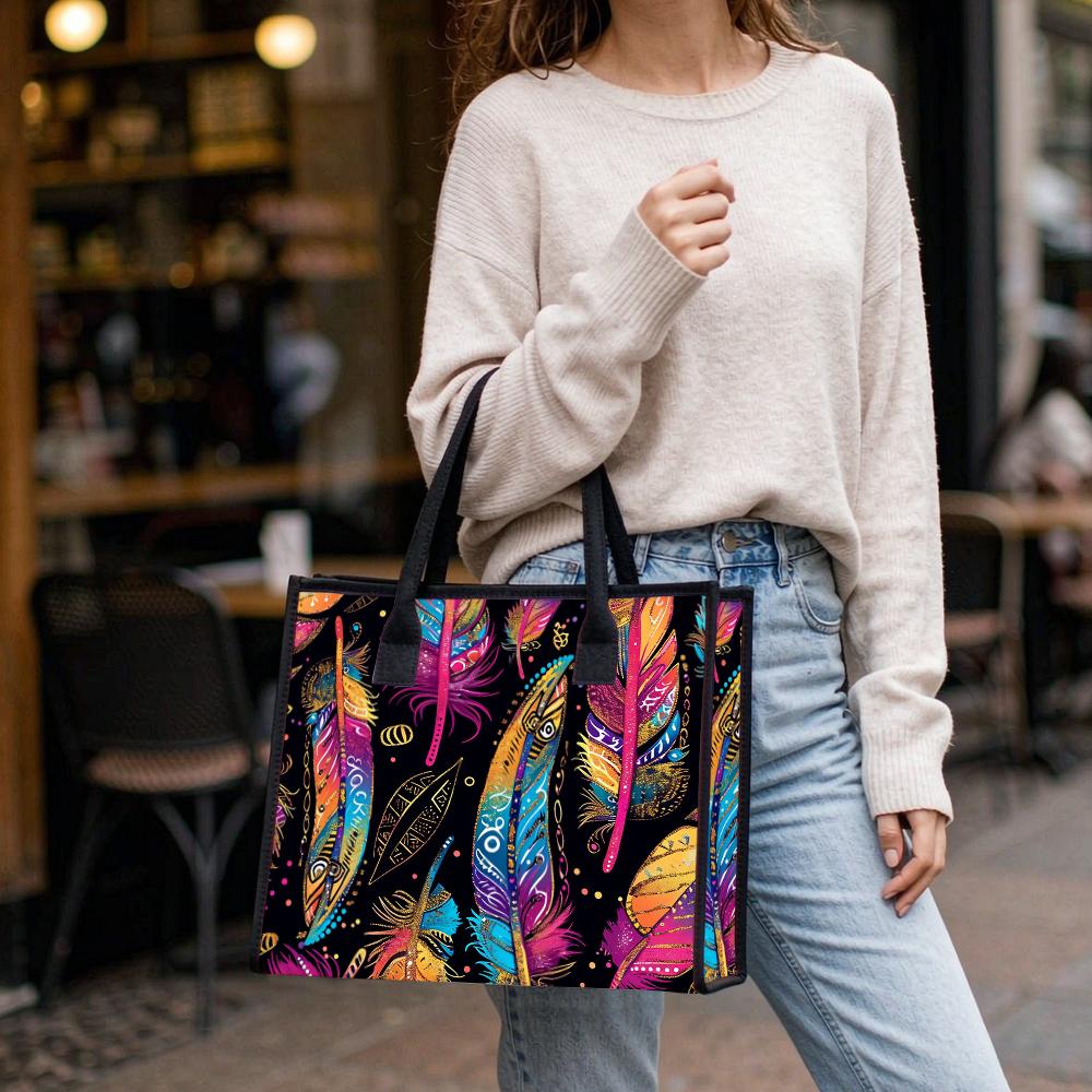 Colorful Feather Pattern Tote Bag Large Capacity Daily Use Shoulder Bag Fashion Casual Handbag for Shopping Travel