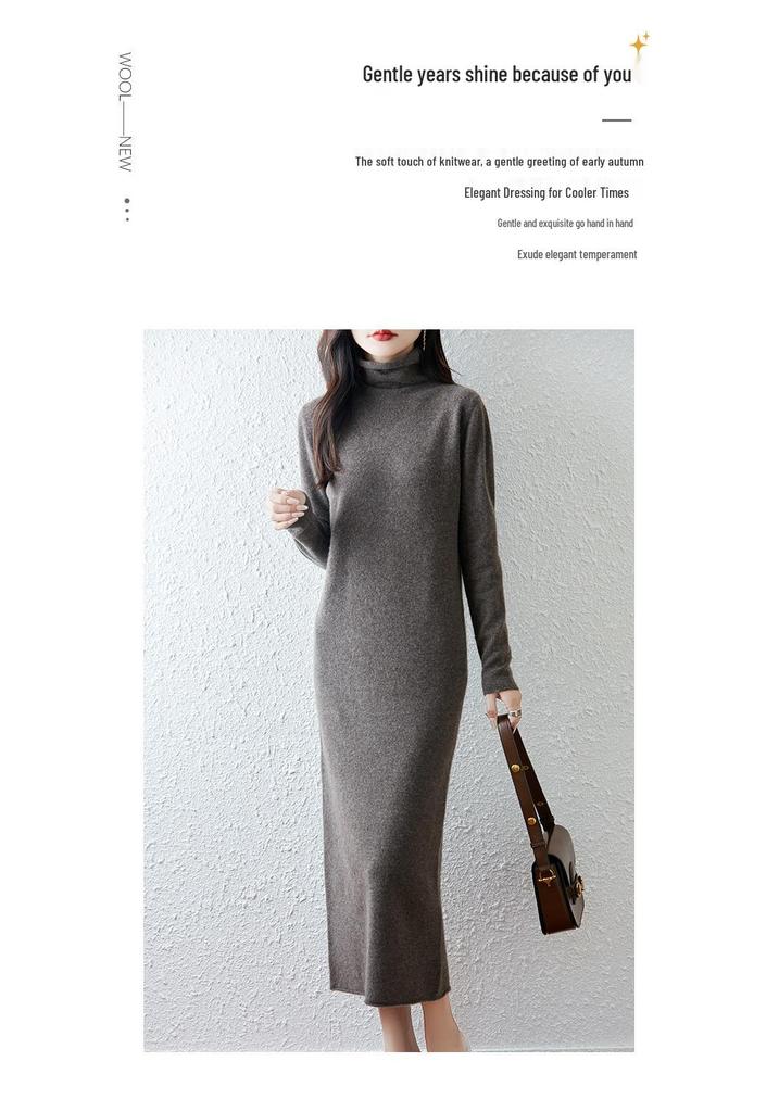 Women's 100% Wool High Neck Over-the-Knee Slimming Dress - Autumn/Winter 2025 Collection