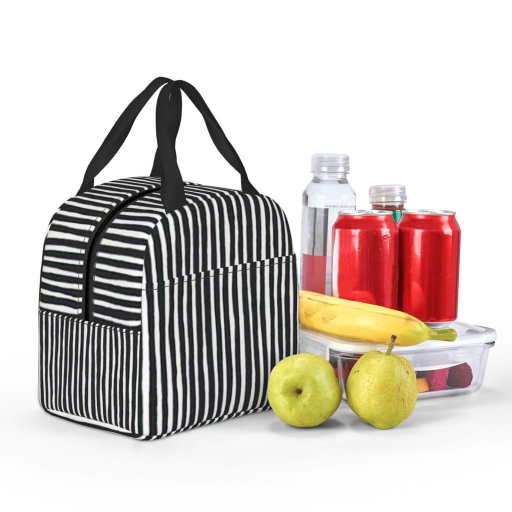 Black White Stripes Insulated Lunch Bag for Women Kids Portable Food Boxes Thermal Lunch Box Tote