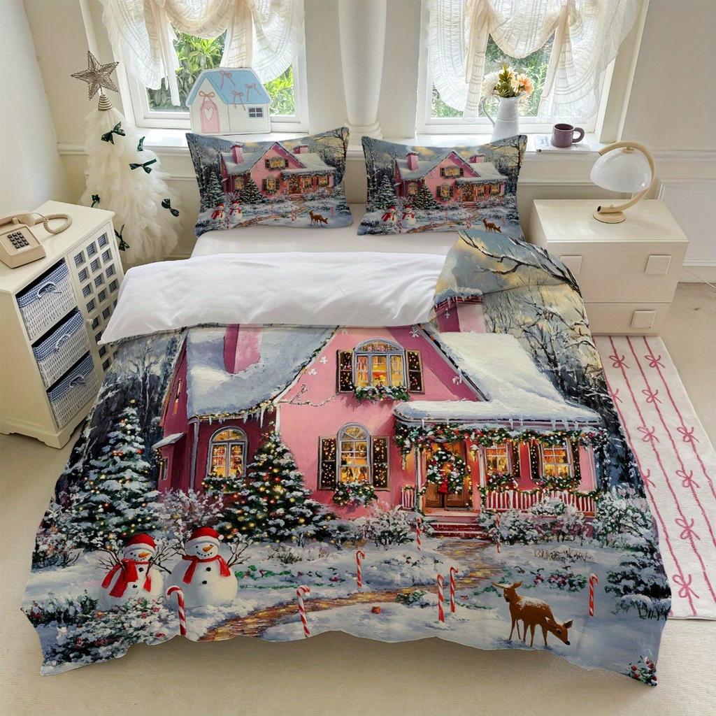 3Pcs Christmas Theme Bedding Set Pink Winter Village Print (1Duvet Cover + 2Pillowcase, Without Core) - Suitable For All Seasons