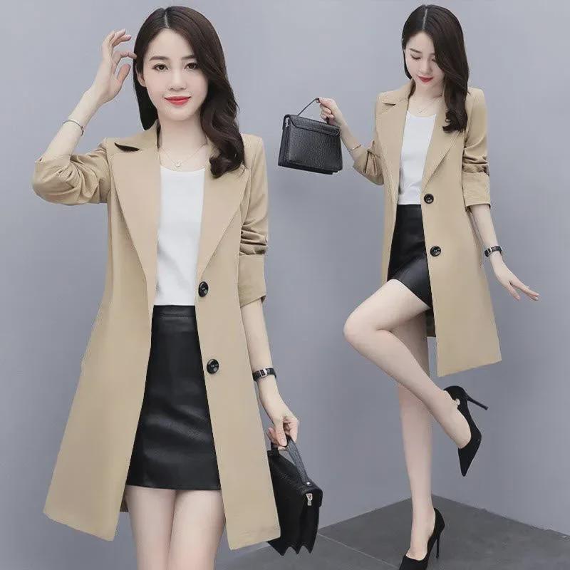 High-End Spring & Autumn Mid-Length Windbreaker for Petite Women - Long Sleeve, Slim Fit Cardigan