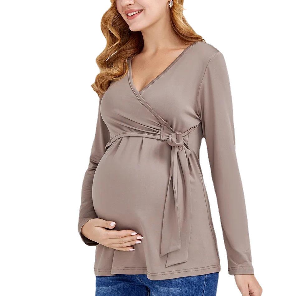 New 2022 V-Neck Long-Sleeve Solid Color Breastfeeding Maternity Wear for Europe and America.