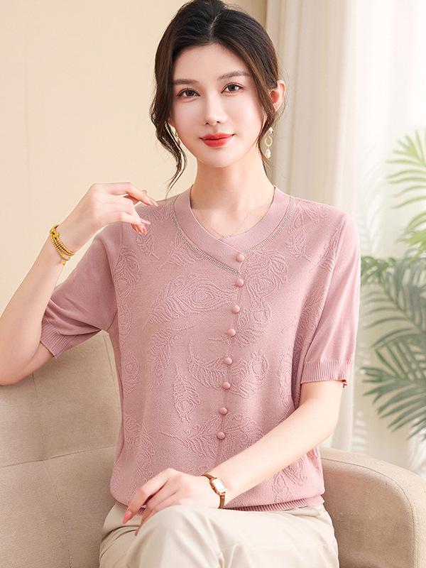 

Ice Silk Short-Sleeve Women s T-Shirt: 2026 Fashionable, Elegant, Thin Knit, Summer Top for Middle-Aged Women. 2XL (Recommended 135-150 jin) розовый