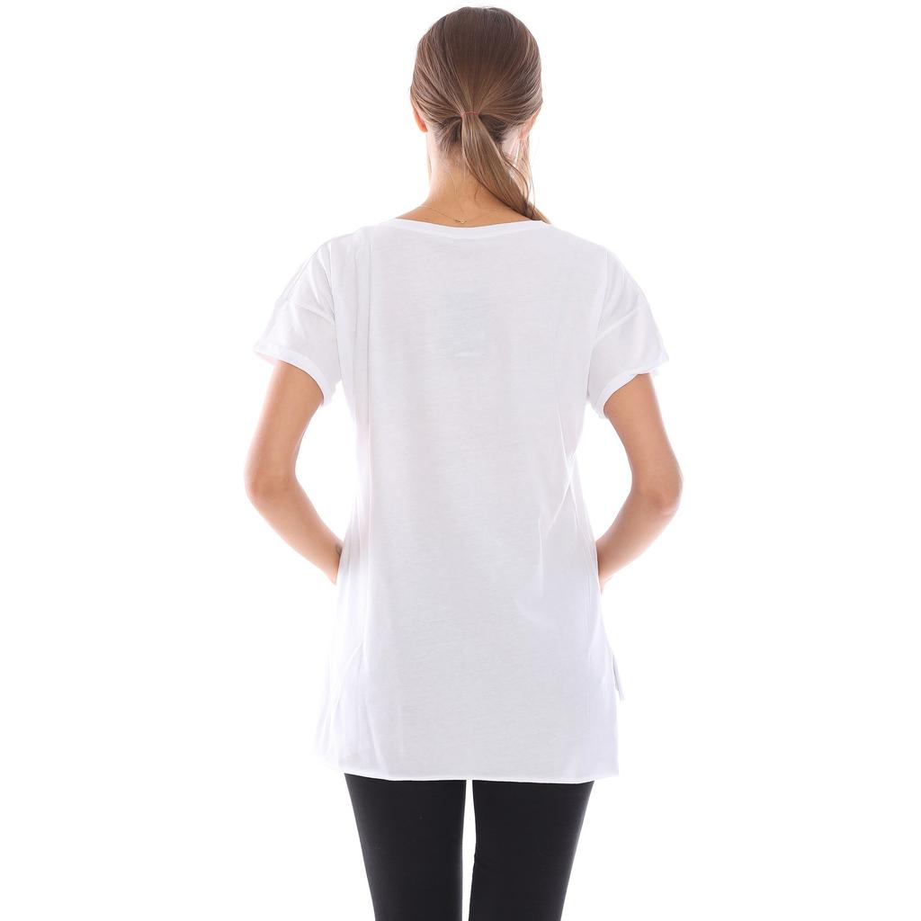 Weißes, lockeres Damen-T-Shirt mit Blumenstickerei und Bilddruck