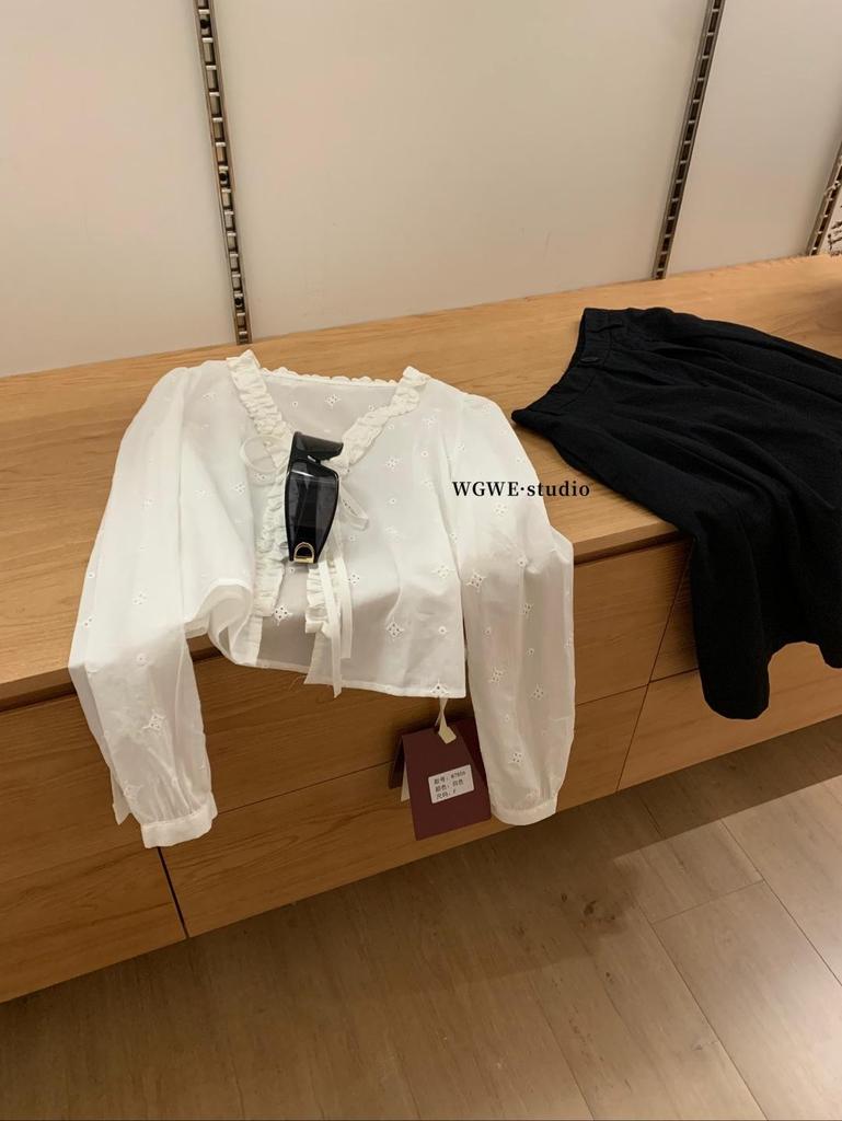 WGWE7806 Elegant French Ruffle Lace Embroidered Long Sleeve Women's Shirt, Autumn/Winter Collection