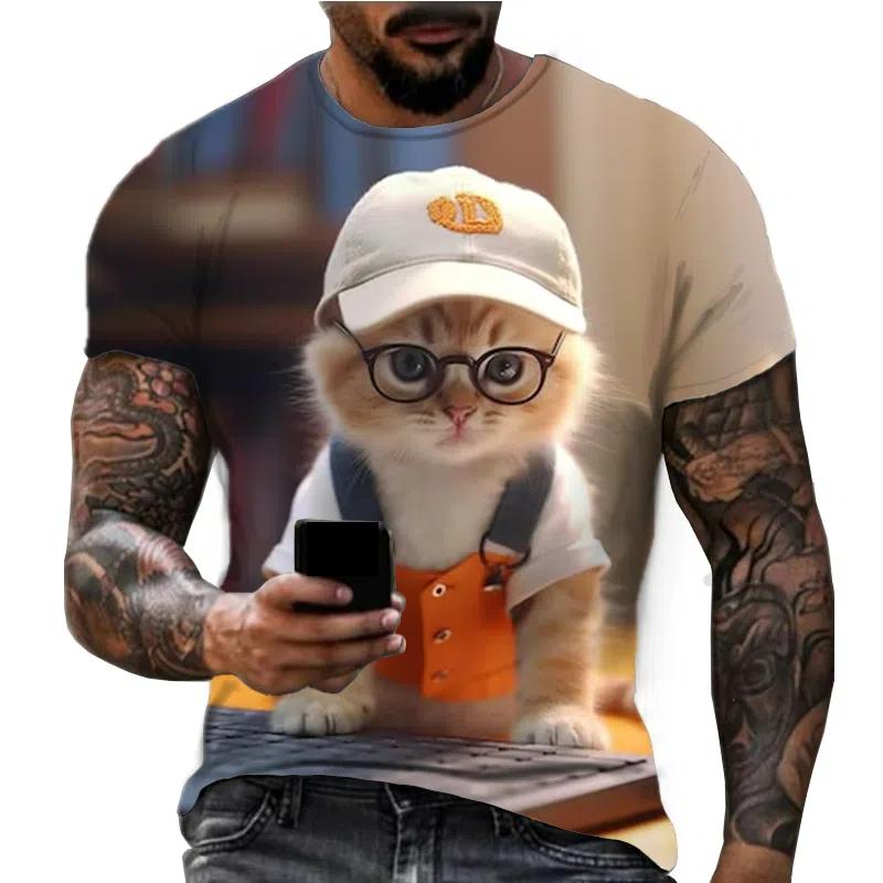 XXS-6XL Übergröße T-Shirt für Herrenbekleidung 3D-gedruckte Katze Hund Lustige Tiergrafik T-Shirts Sommermode Lässige Rundhals-Tops