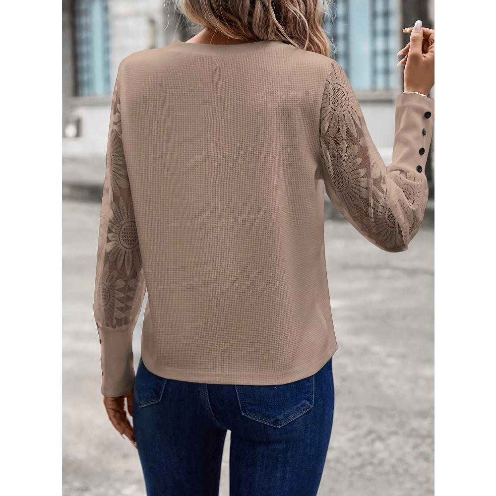 2024 Autumn Top European and American Solid Color Long Sleeve Embroidered Lace Splicing Waffle Round Neck Top Fashionabl Versatile
