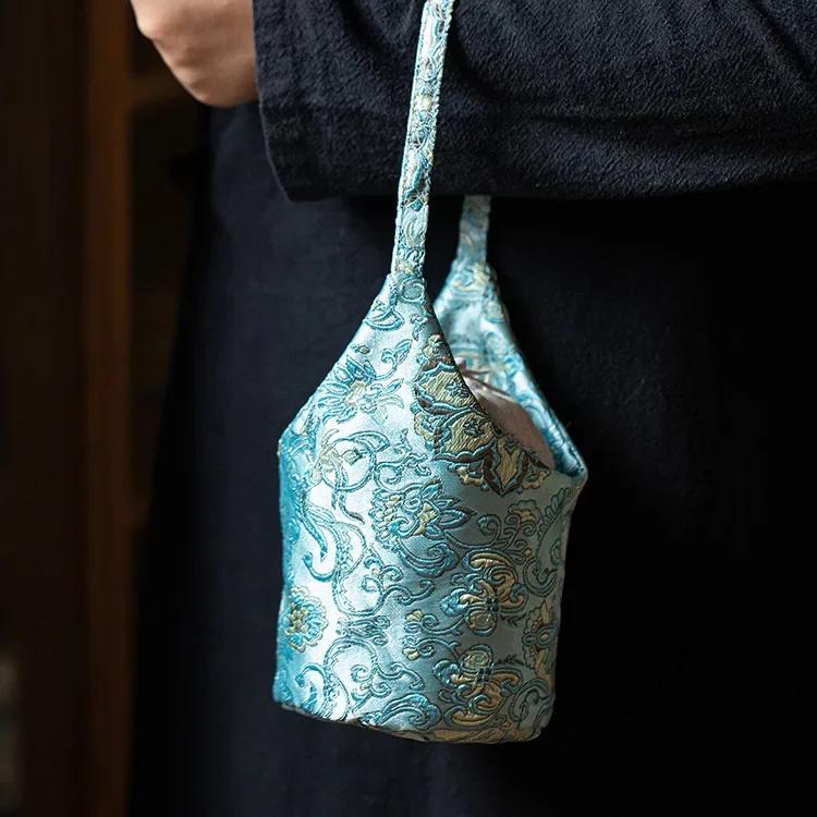 Embroidery Teaware Storage Bag Floral Pattern Cotton Teacup Protective Dustproof Pouch Accessory Outdoor Portable Drawstring Bag