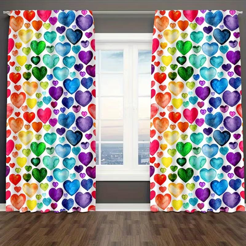 2 Pcs Colorful Hearts Print Curtains,suitable for Bedroom,living Room Kitchen Decoration,home Decoration,window Decoration
