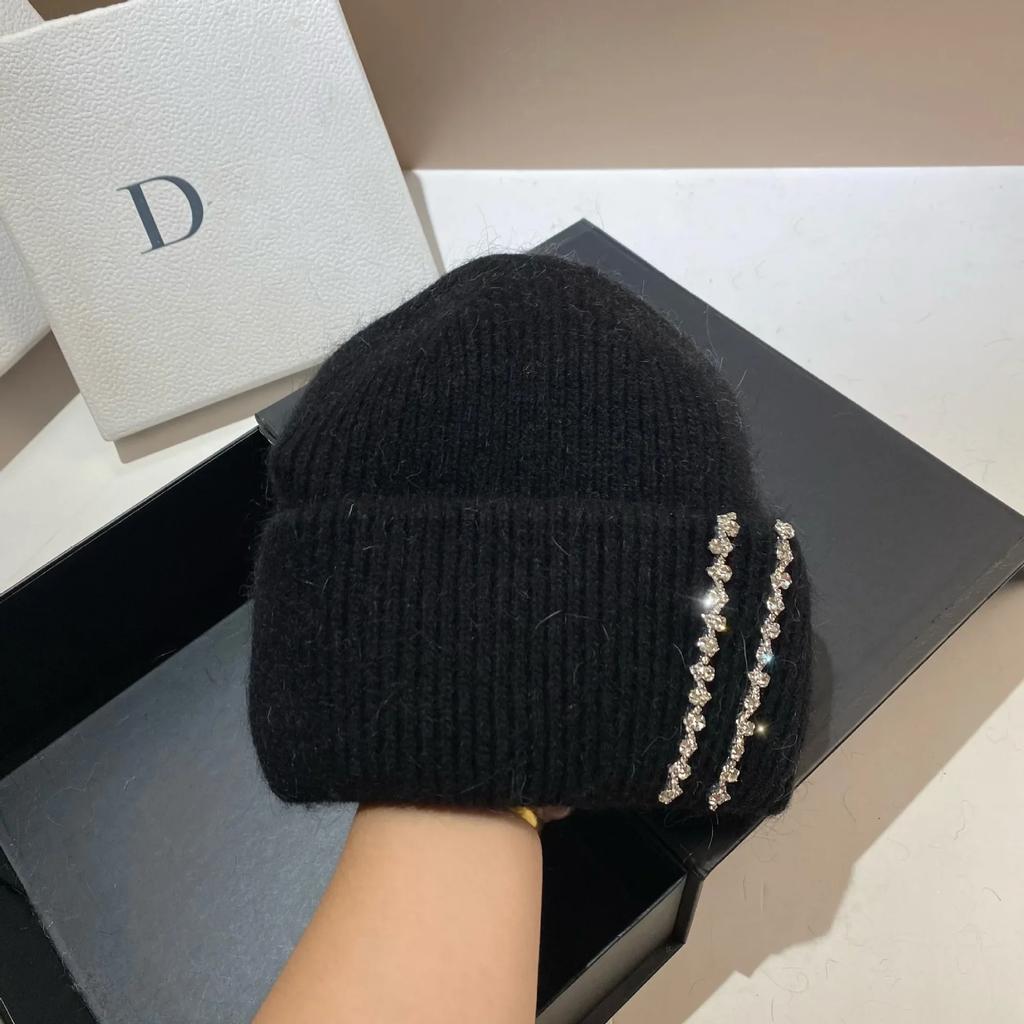 Luxury Rhinestones Fashion Women Winter Hats Real Rabbit Fur Wool Skullies Beanies Knitted Hat Lady Warm Walking Bonnet Cap