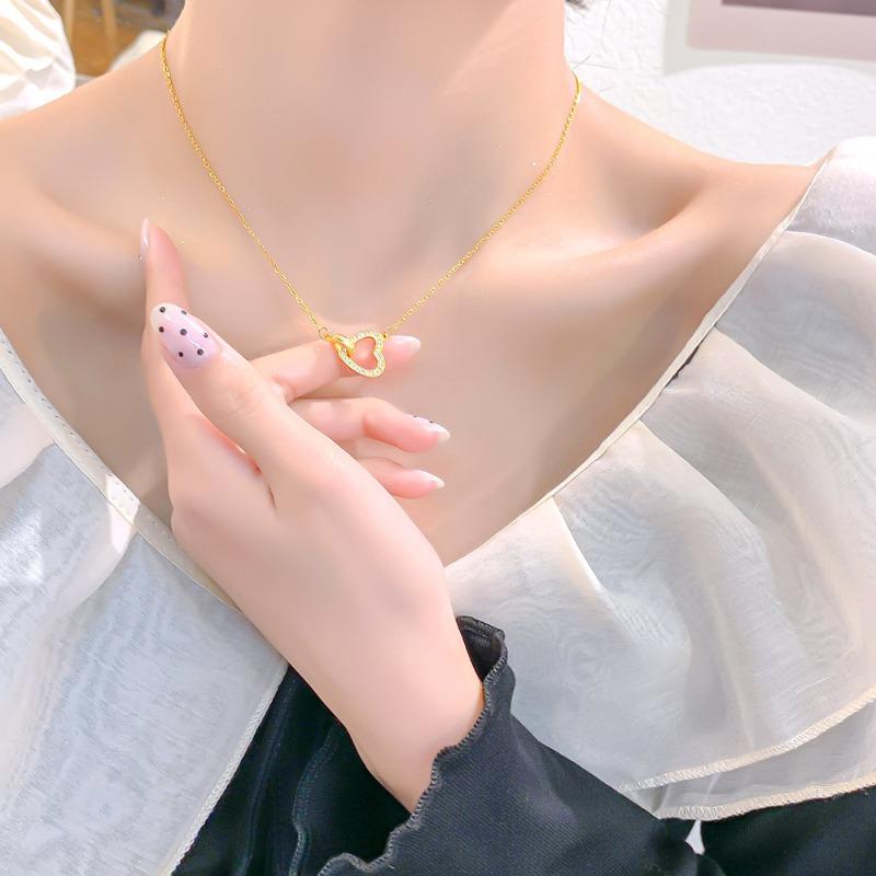 Korean Japanese Style Rhinestone Heart Double Ring Titanium Steel Clavicle Necklace For Women
