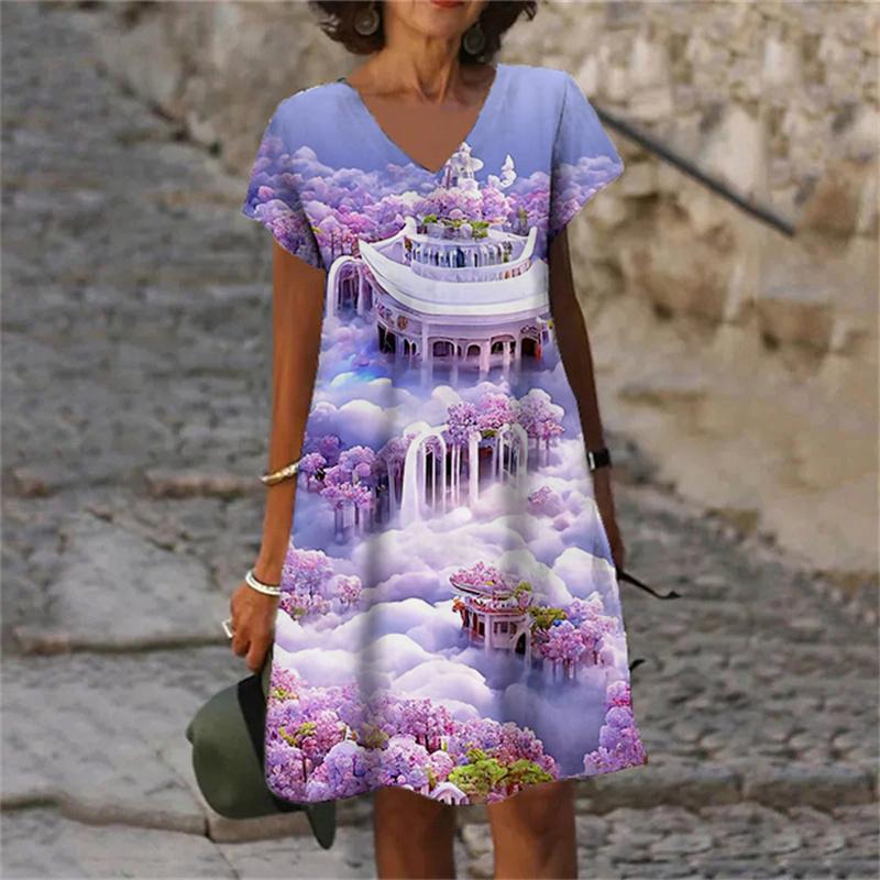Fantasy 3D Print Women Dress Fashion Elegant Sweet Casual V-Neck Short Sleeve A-Line Dress Oversized Summer Scenery Dress