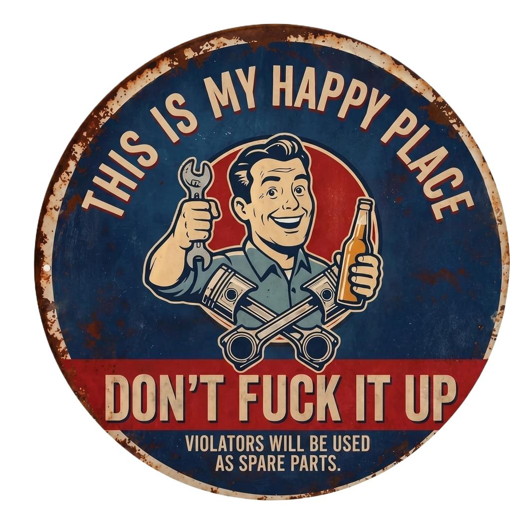 This Is My Happy Place Metal Tin Sign Vintage Garage Decor Round Wall Plaque for Workshop Man Cave or Automotive Space