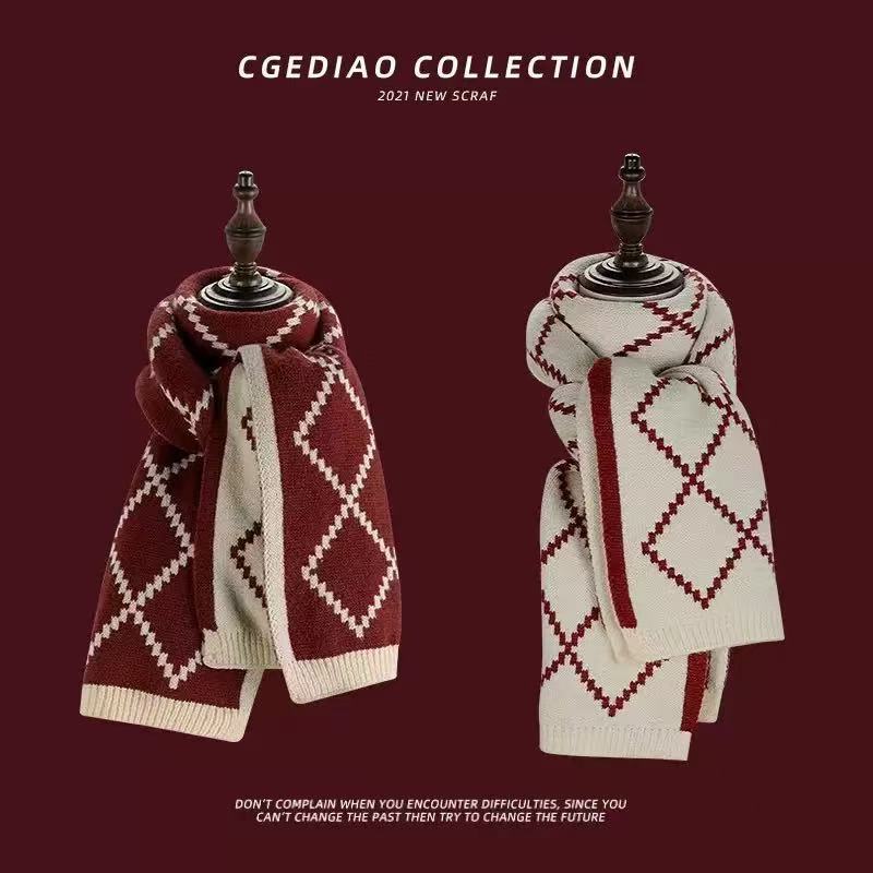 Korean Birthday Gift Knitted Christmas Red Scarf Women's Winter Warmth High-end Wool Plaid Scarf Men's Autumn