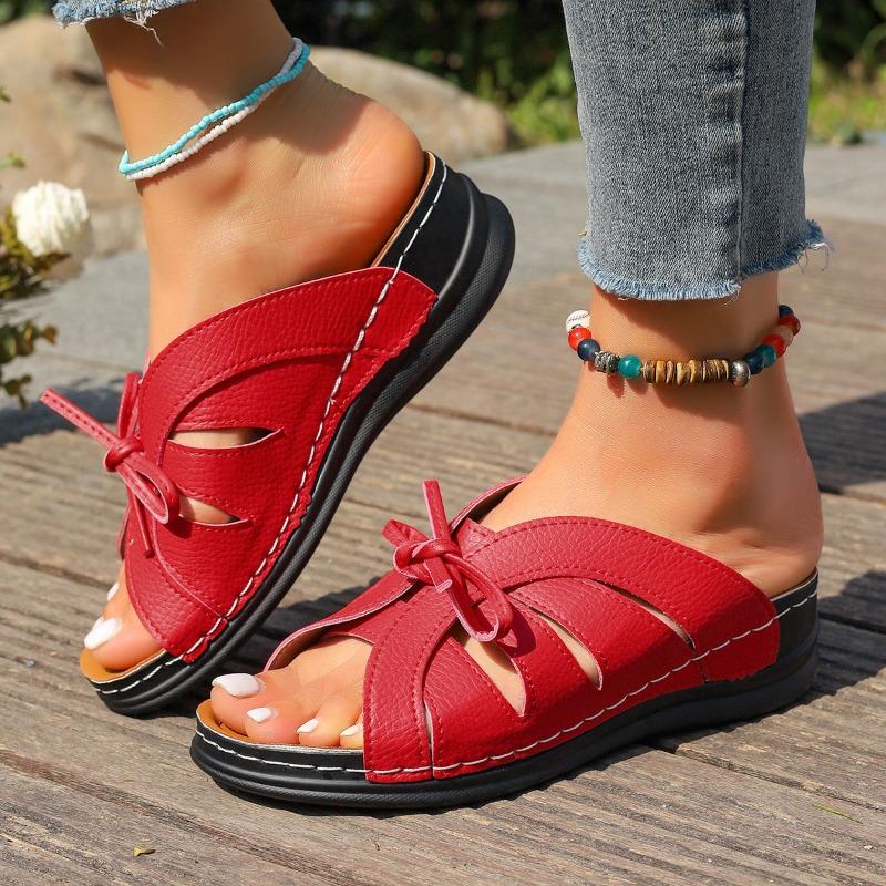 Womens Summer Shoes Wedge Fish Mouth Slippers Solid Color Plus Size Bow Trim Roman Sandals