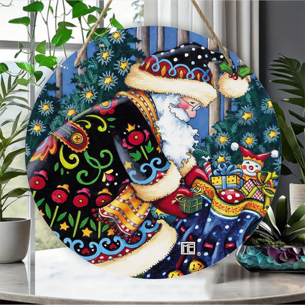 Vintage Santa Gift Print Round Wooden Hanging Plaque Colorful Holiday Wall Decor Festive Interior Art Ornament for Christmas Party Home Decoration
