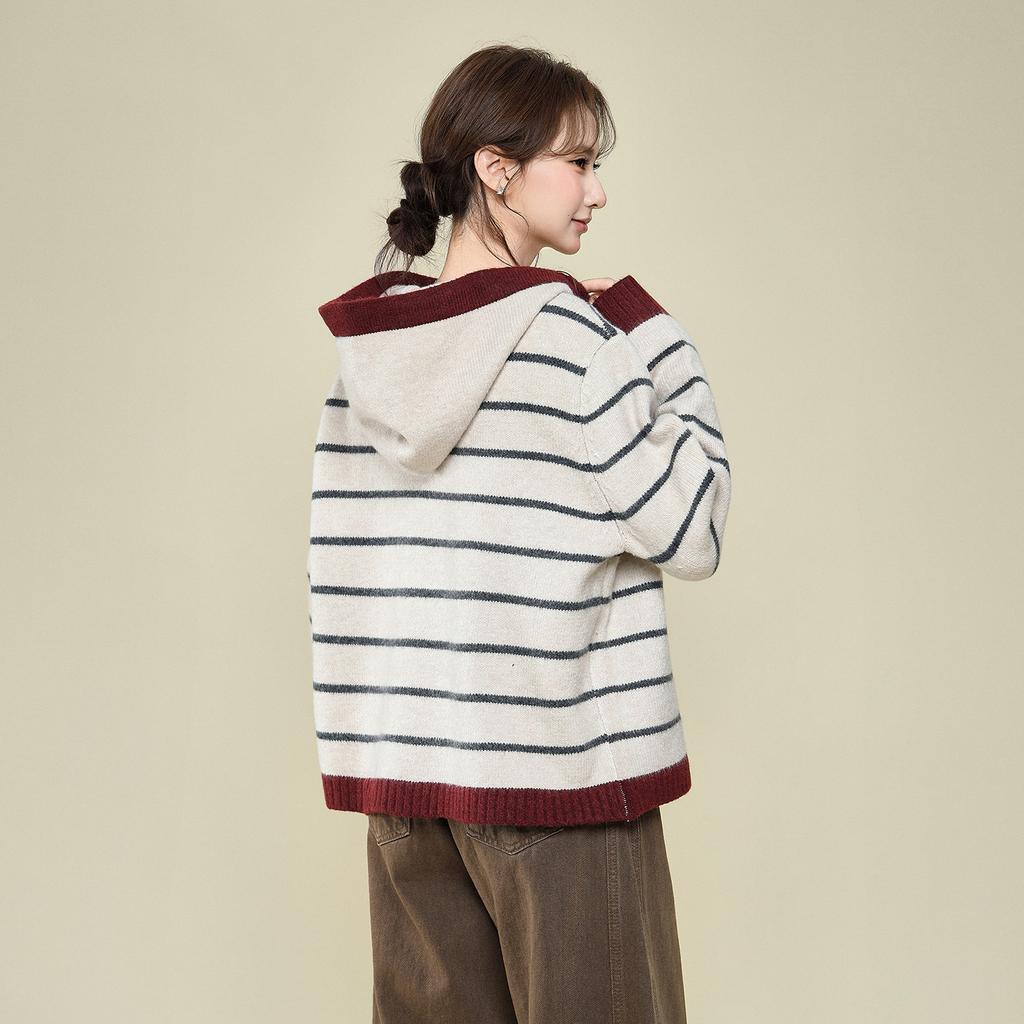 Lazy Hooded Striped Knitted Sweater Long-sleeved Thickened Bottoming Shirt with Autumn and Winter New Loose Coat Top Women