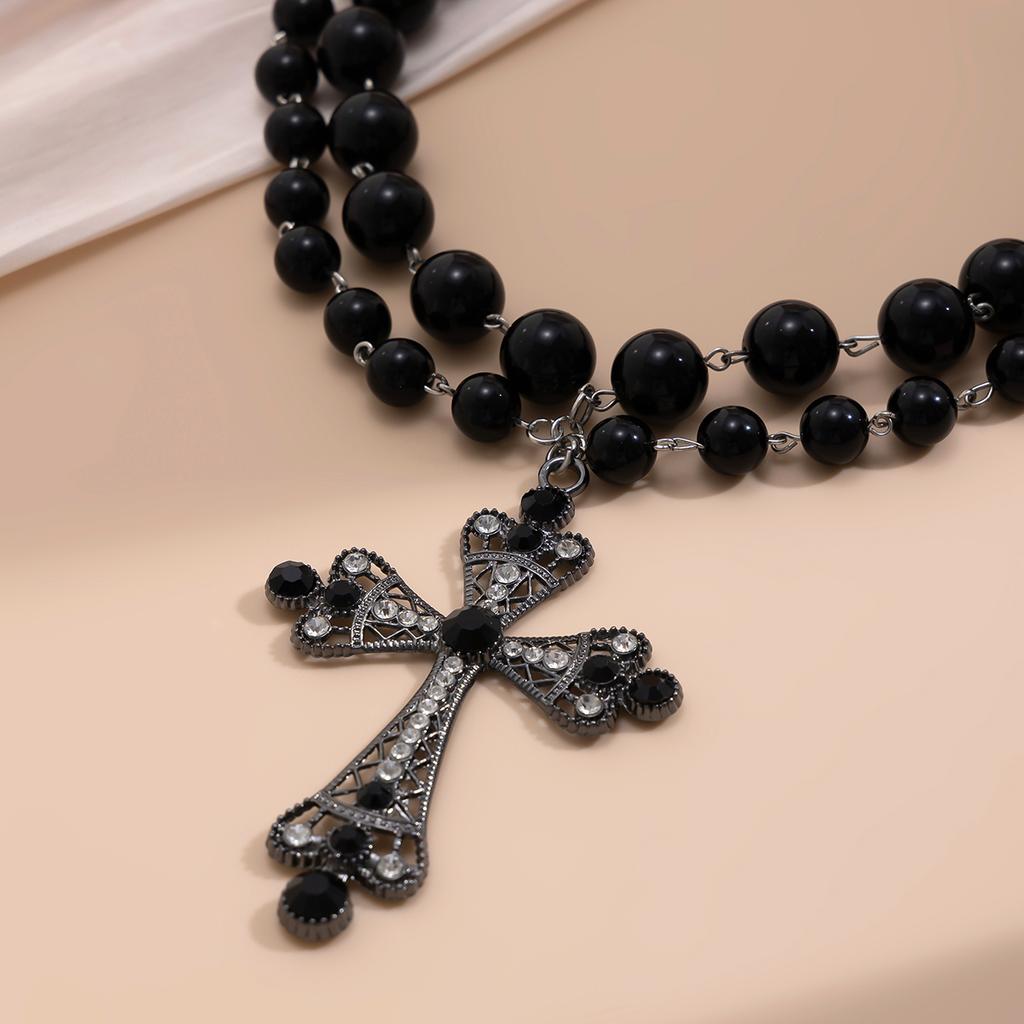 SHIXIN Gothic Style Large Cross Pendant Necklace for Women Vintage Multilayer Black Acrylic Beads Necklace Halloween Accessories