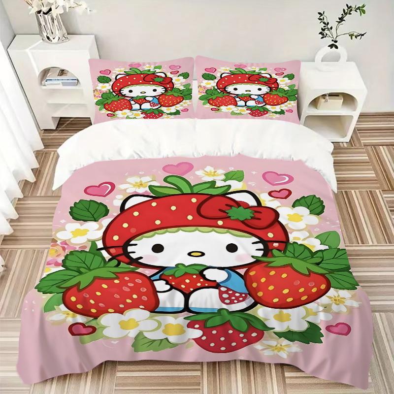 3pcs Strawberry Hello Kitty Cover Set, 1 Cover + 2 Pillowcases (No Insert), Bedding for All Seasons, Bedding,Bedroom Decor Yy250922020