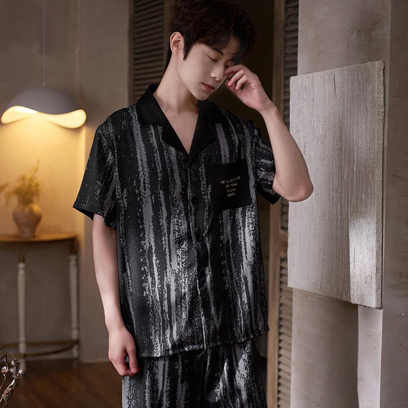 Pajamas Men's Satin Ice Silk Summer Short Sleeve Printing Casual High-end Simulation Silk Men's Loungewear Set Large Size