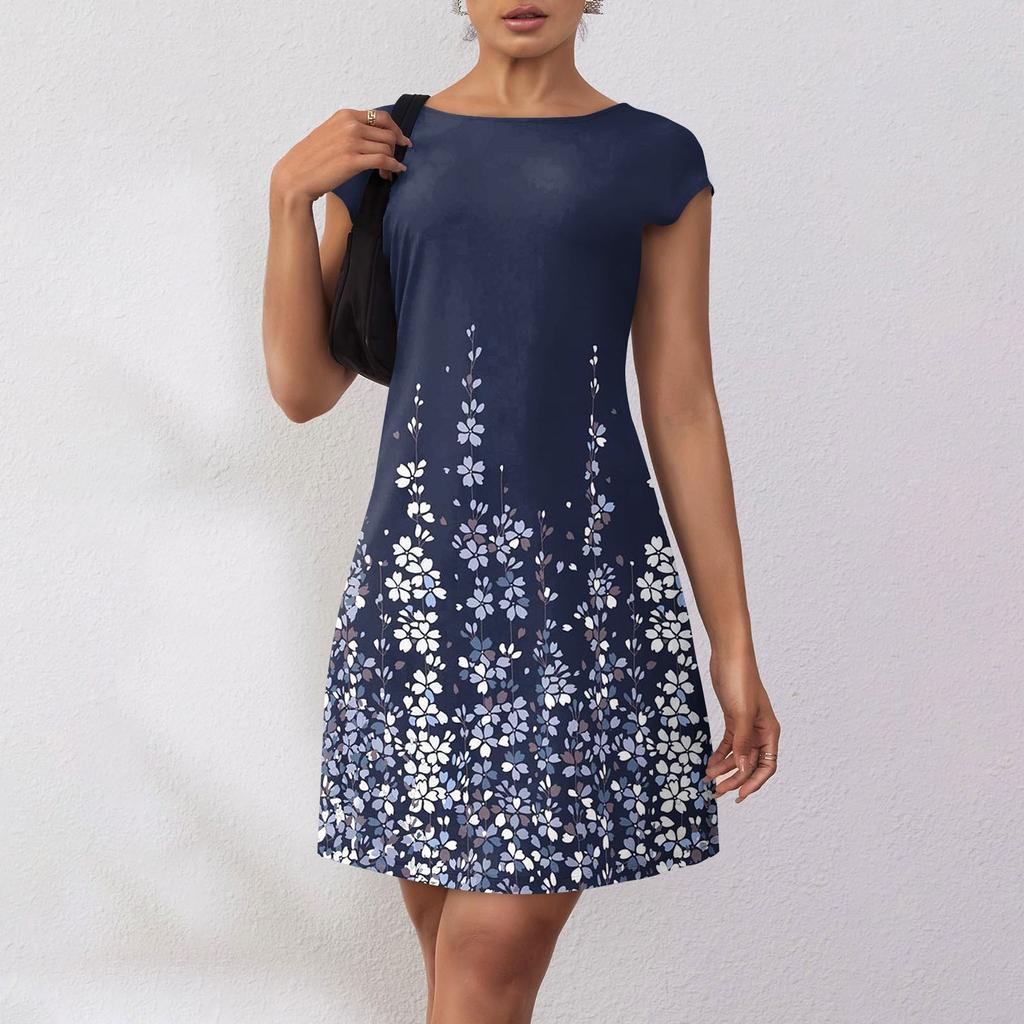 Women's Summer Casual Print Open Back Hat Sleeves T-shirt Dress Round Neck Party Dress