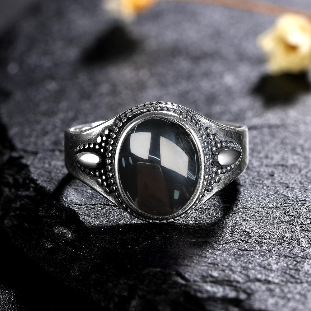 S Silver Ring for Women Oval Round Natural Black Agate Ring Gift Sun Shaped Retro Luxury Fine