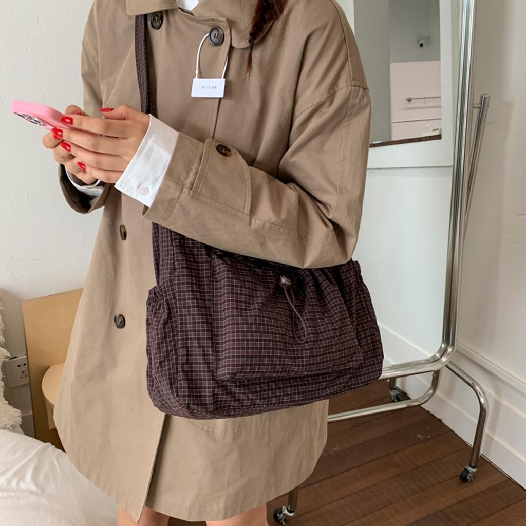 Women Checkered Sling Bag Nylon Drawstring Crossbody Bag Pleated Shoulder Bag Shopping Date Retro Casual Women's Handbag