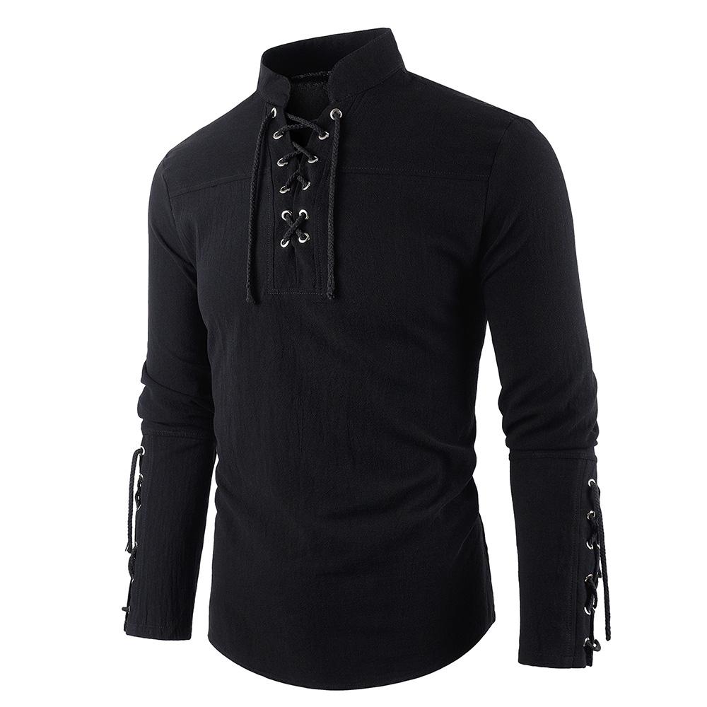 Men's Medieval Pirate Dress Stylish Streetwear Halloween Gothic Style V-neck Tops Solid Color Cotton Linen Breathable T-shirt