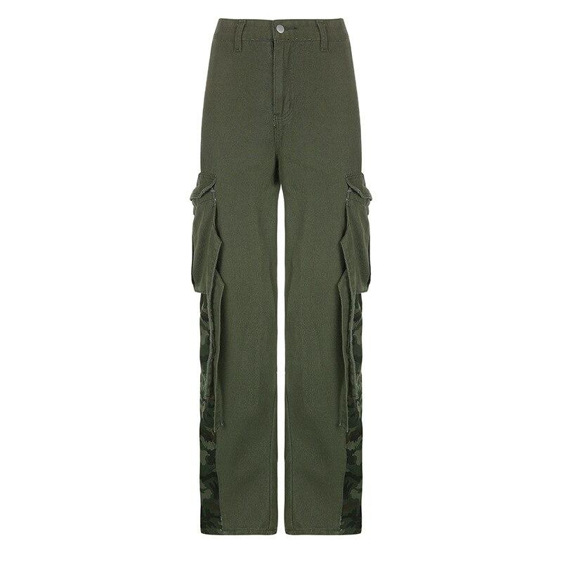

Корейские модные джинсовые спортивные штаны в стиле ретро с низкой талией и карманами, брюки в стиле хип-хоп, камуфляжные лоскутные женские джинсы-карго, повседневные брюки S