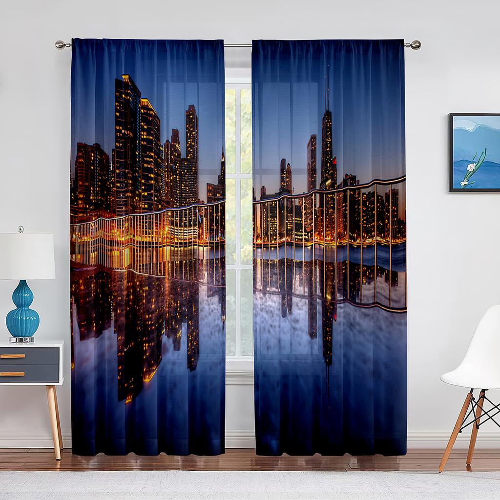 San Francisco Bay Bridge Stadsbild Skir Voilegardin USA Stad Natt Skyline Sceneri Utsikt Transparent Chiffong Tyllgardiner