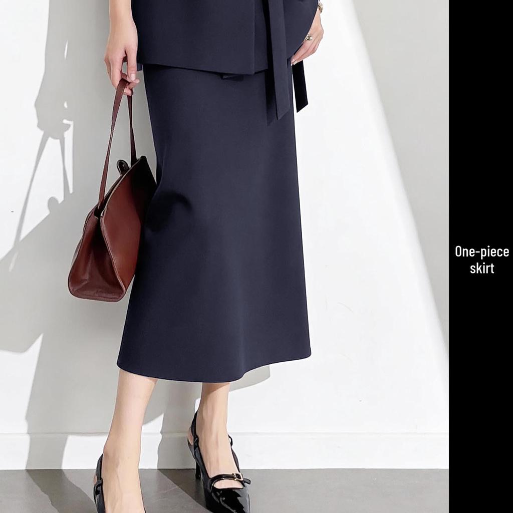 Elegant Coffee-Colored Collarless Skirt Suit for Women with Waist-Cinching Belt - Perfect for Urban Professional Style and Commuting.