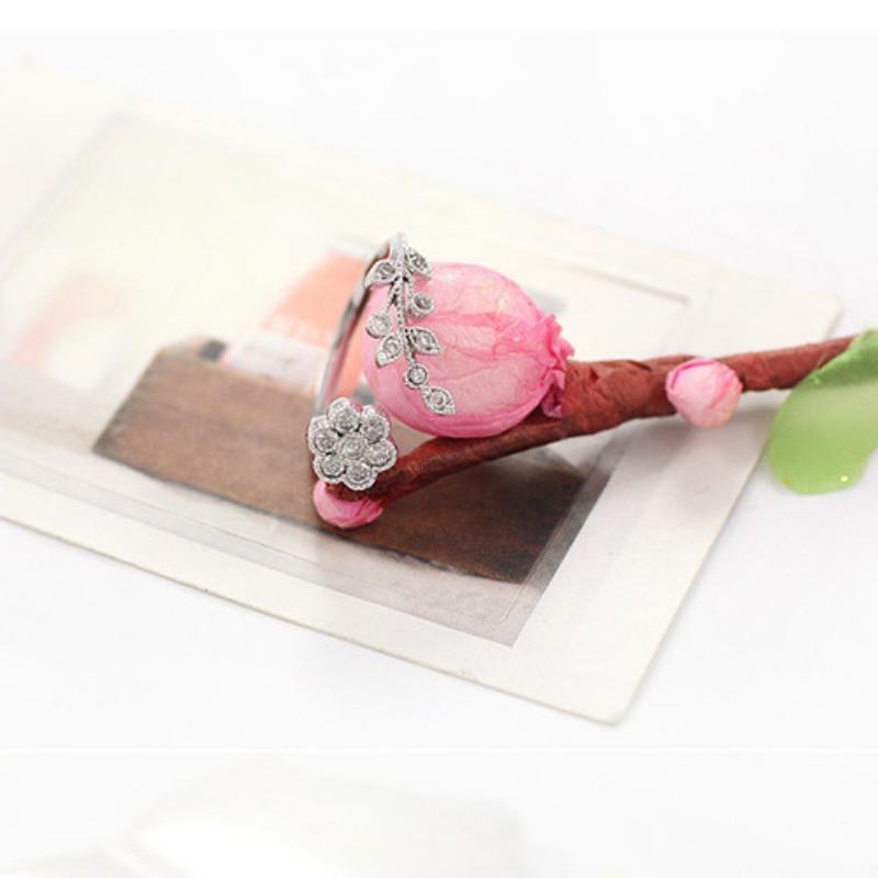 Fashion Temperament Diamond-set Twisted Leaves Ruyi Flower Opening Ring, Index Finger Ring Female