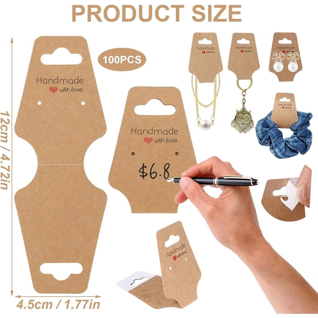 100 PCS Jewellery Display Cards, Self-Adhesive Kraft Hanging Display Card, Necklace, Bracelet, Earring, Keyring Display Cards