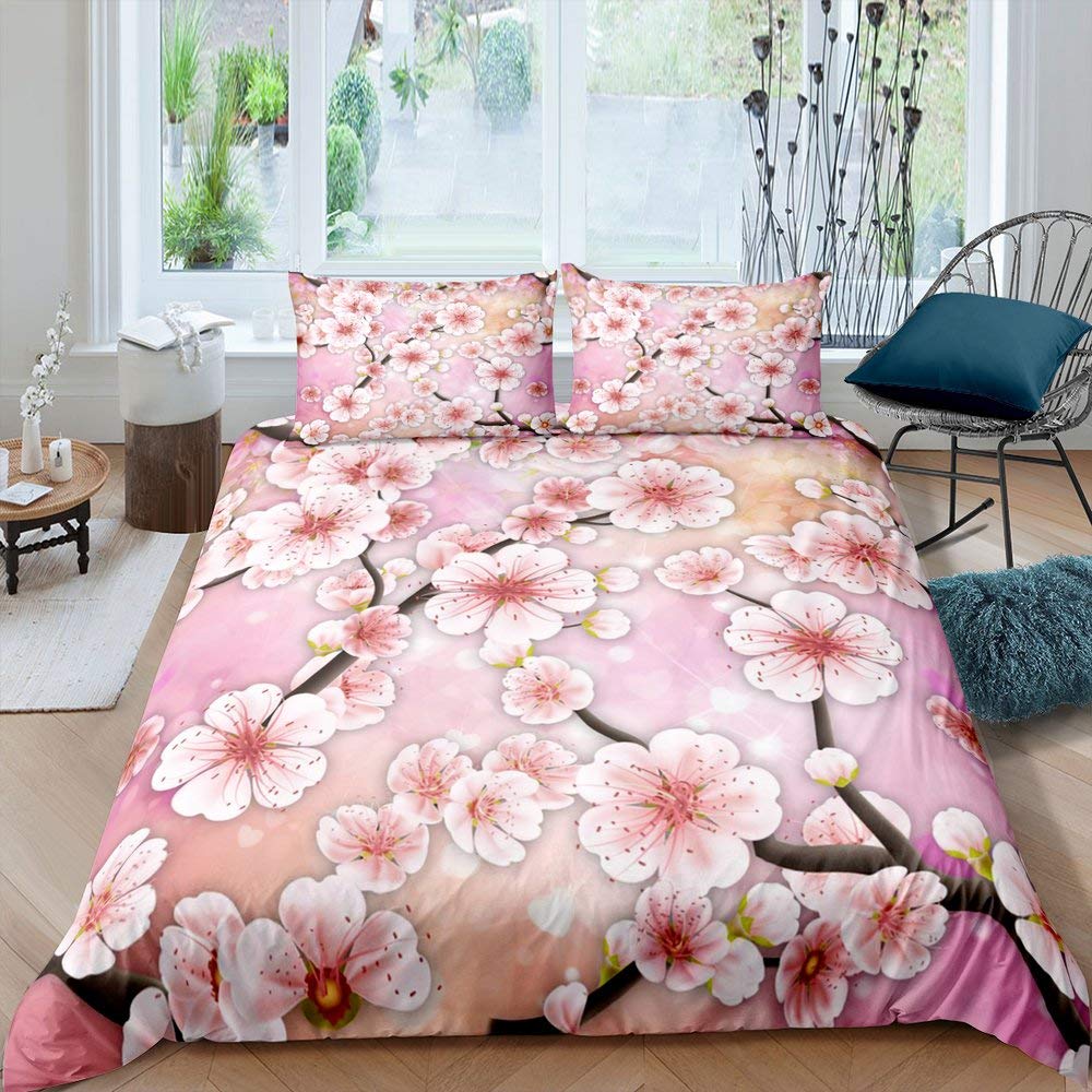 Peach Blossom Duvet Cover Set King Size Microfiber Pink Floral Bedding For Teens Women Twin Comforter Cover