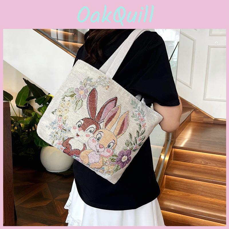 Rabbit Embroidery Canvas Tote Bag With Double Handles For Work And Casual