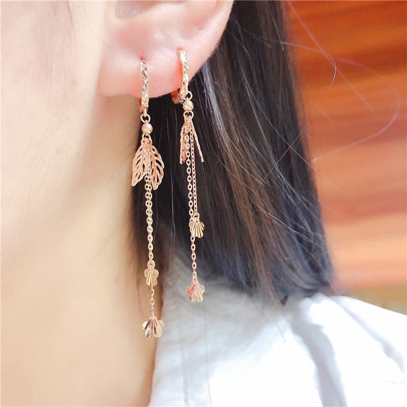 Exquisite Color Gold Pure Russian Purple Gold Shiny Leaf Tassel Earrings Versatile 585 Rose Gold Plated Long Ear Buckles
