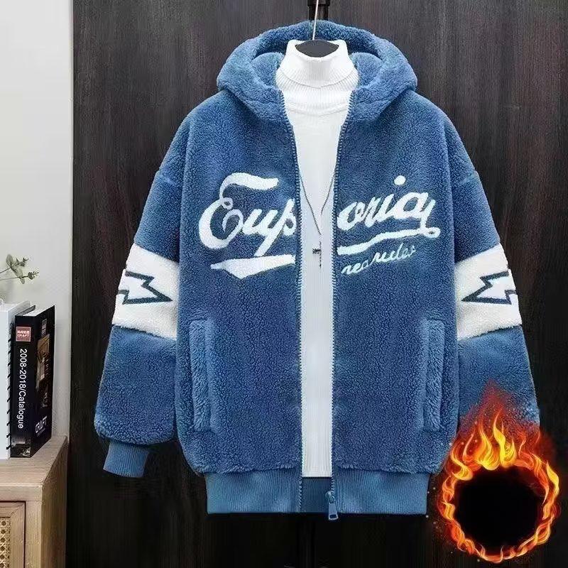 

Утолщенная флисовая подкладка из овечьей шерсти для мужчин Повседневная зимняя свободная толстовка Молодежная модная мужская верхняя одежда 3XL