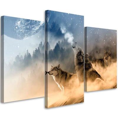Three Piece Picture Canvas Print Wolf Animals Forest Fog