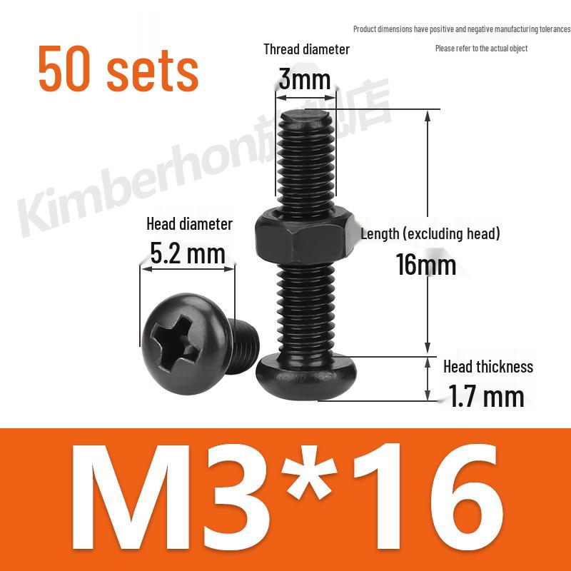 Complete Set of Black 304 Stainless Steel Phillips Round Head Screws and Nuts - M2M3M4M5M6MM.