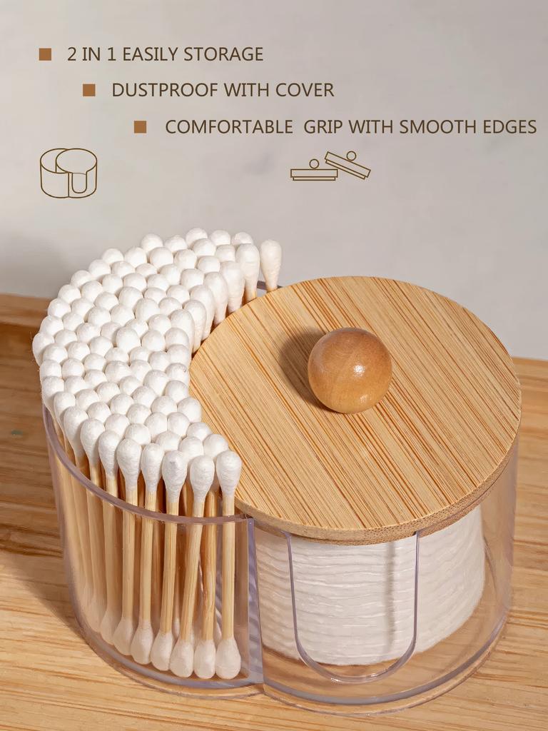 2-in-1 One-piece Bamboo Cover Cotton Swab Box, Makeup Remover Cotton Storage Box, Desktop Cotton Storage Box Round Storage.
