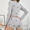 2026 Spring Summer Heart Print Pajamas Set for Women Homewear Gray Long Sleeve Crop Tops and Shorts 2 Pieces Sexy Short Pijamas Sleepwear Loungewear