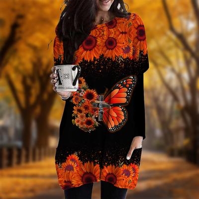 New In Autumn Butterfly Chrysanthemum Print Plus Size Dress Women O'neck Long Sleeves Casual Pocket Dresses