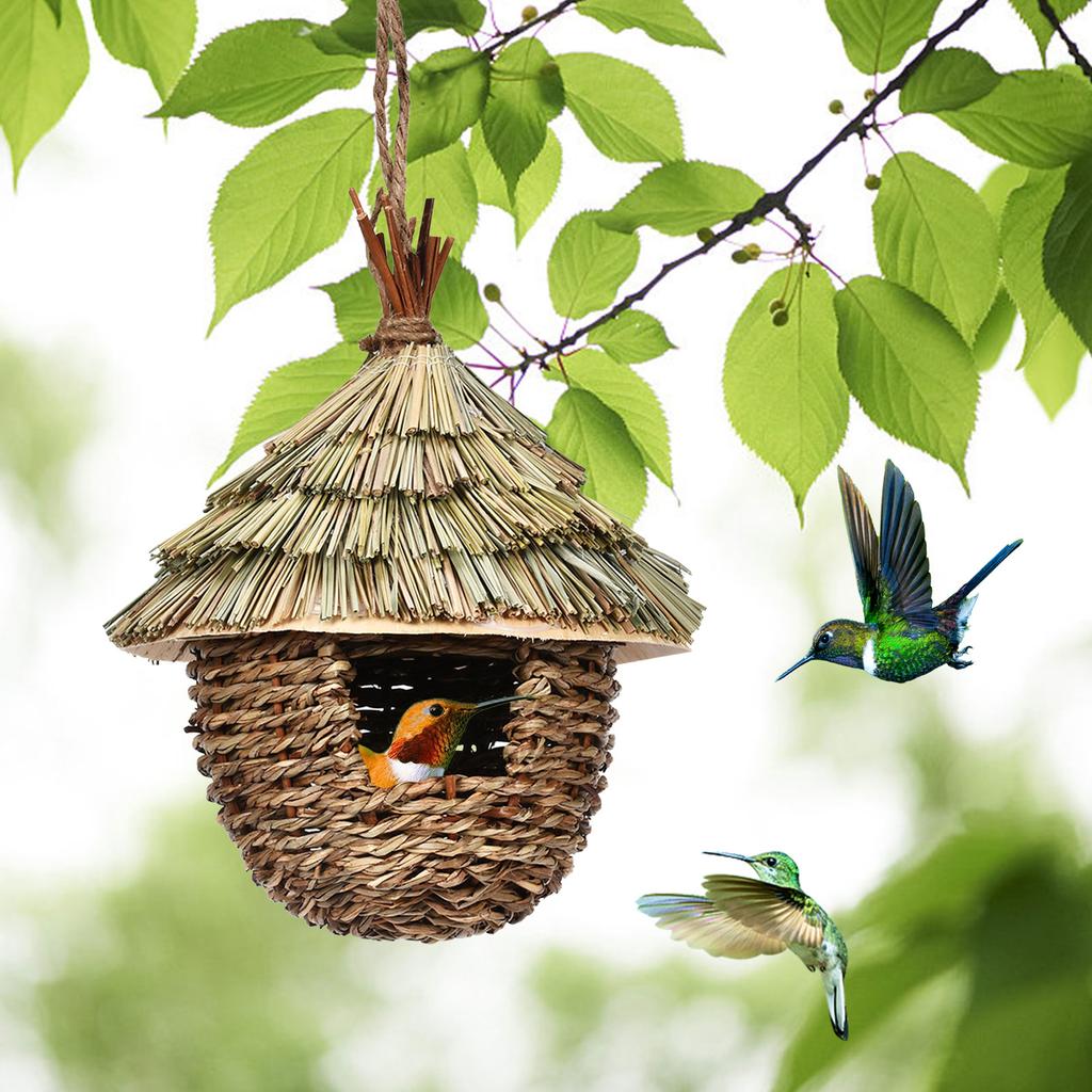 Charmantes dekoratives Kolibrihaus Handgewebtes Kolibrinest Haus Naturgras Aufgehängter Vogel für Garten Terrasse Rasen Büro