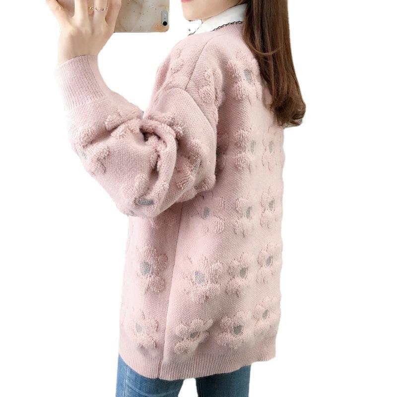 Autumn Winter Sweater Women's Loose Lazy Style Fashion Wear Flower Knit Jacket Women's Sweater Cardigan