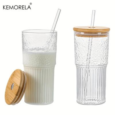 Vaso de Cristal con Costillas de 500ml con Tapa y Pajita Vasos para Beber Taza para Cóctel Cerveza Café Helado Taza para Zumo Té Vasos de Agua