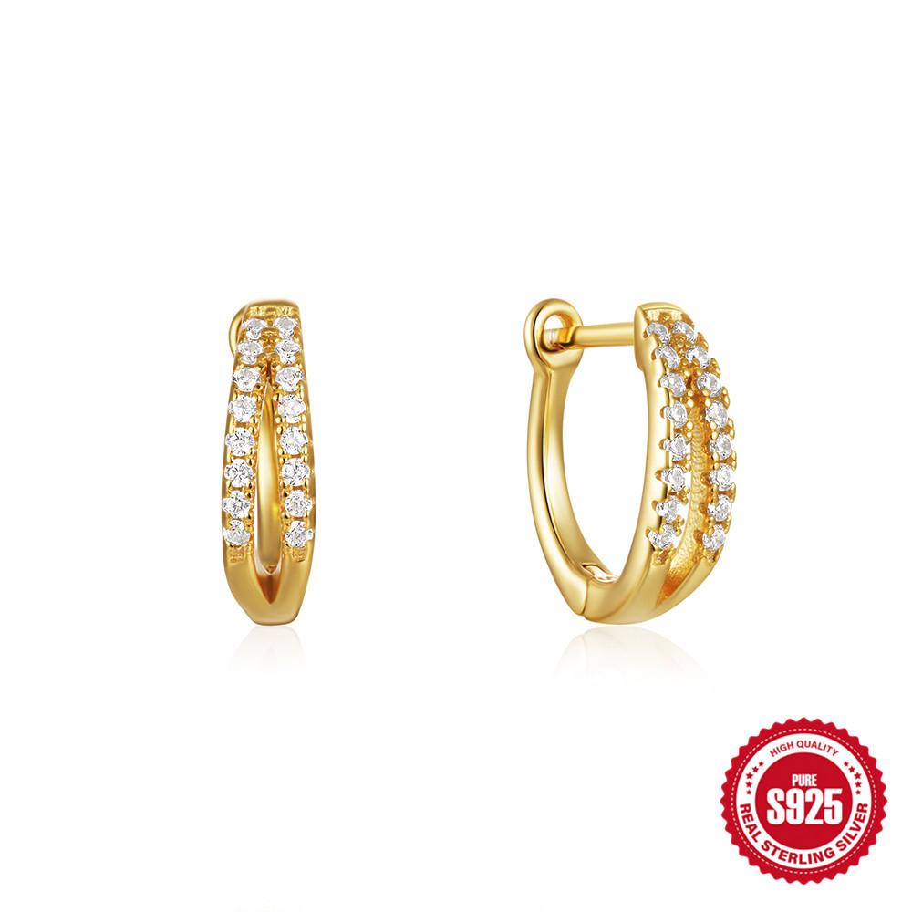 Simple S925 Sterling Silver Classic Light Luxury Personality Double Row Diamond Earrings Ear Buckle Earrings Huggie Earrings