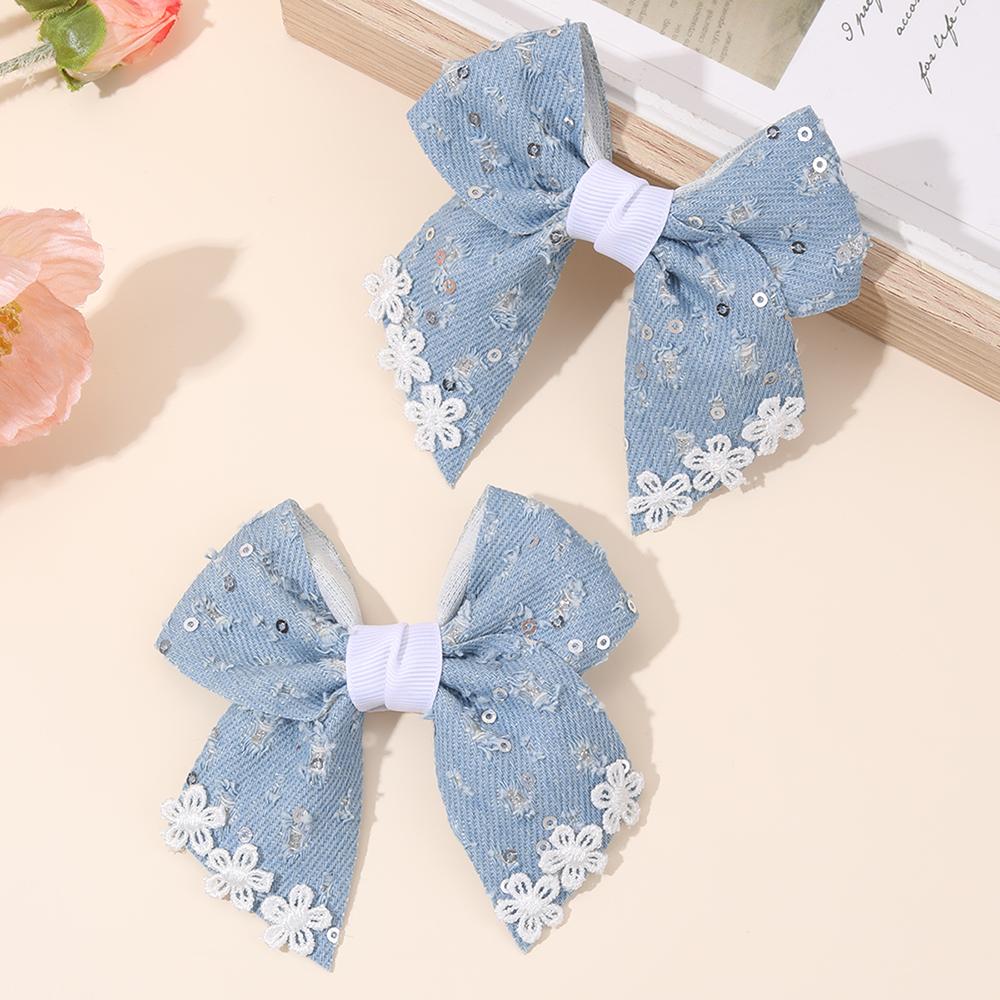 2Pcs Delicate Vintage Denim Bow Hair Clips Lace Floral Sequin Hairpins Fashion Hair Accessories For Girls Party Daily Heawear