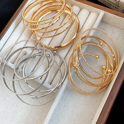 6Pcs/7Pcs Gold Silver Wide Open Bangle Set Metal Star Pentagram Exaggerated Bracelet  Decoration