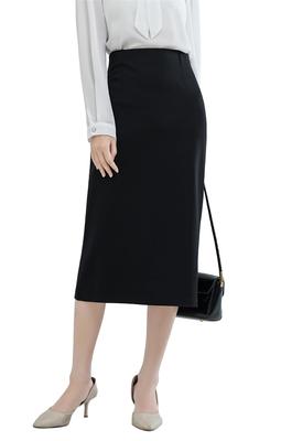 Black Plus Size Office Pencil Midi Elastic Solid Tight Skirt [syvent] Skirt, Spring/Autumn, Length, Stretch, Slit, Waist, Knee-Length, Color,